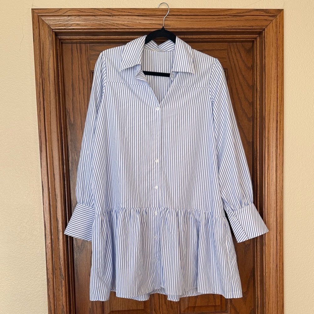 Blue and White Striped Mini Dress - Classic Shirt Style